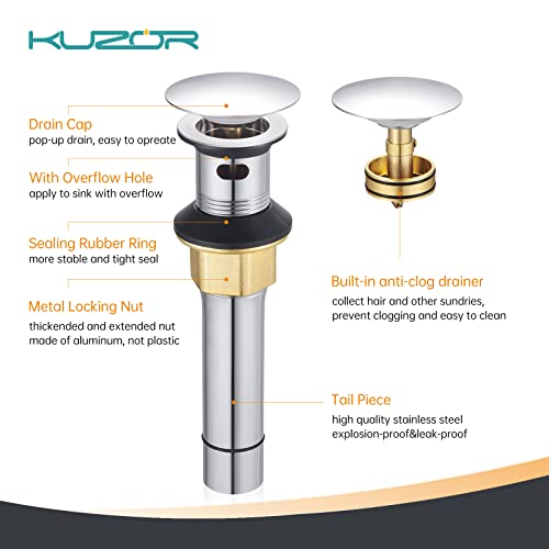 KUZOR Chrome Pop Up Bathroom Sink Drain with Overflow - Fits 1-5/8" to 2" Holes, 304 Stainless Steel for Vanity/Vessel Sink - Image 5