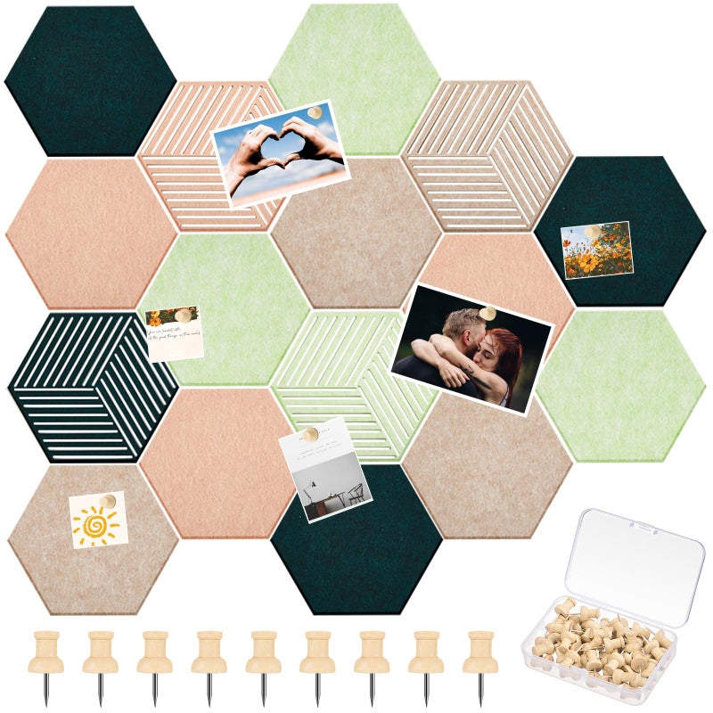 Mindsoft 16 Pcs Hexagon Cork Boards Tiles for Walls Decor 7 x 6 Inch Cork Bulletin Board Tiles with 50 Pins, Pin Board for Office Home for Office & Home for Notes Photos and DIY Classroom Decor - Image 1