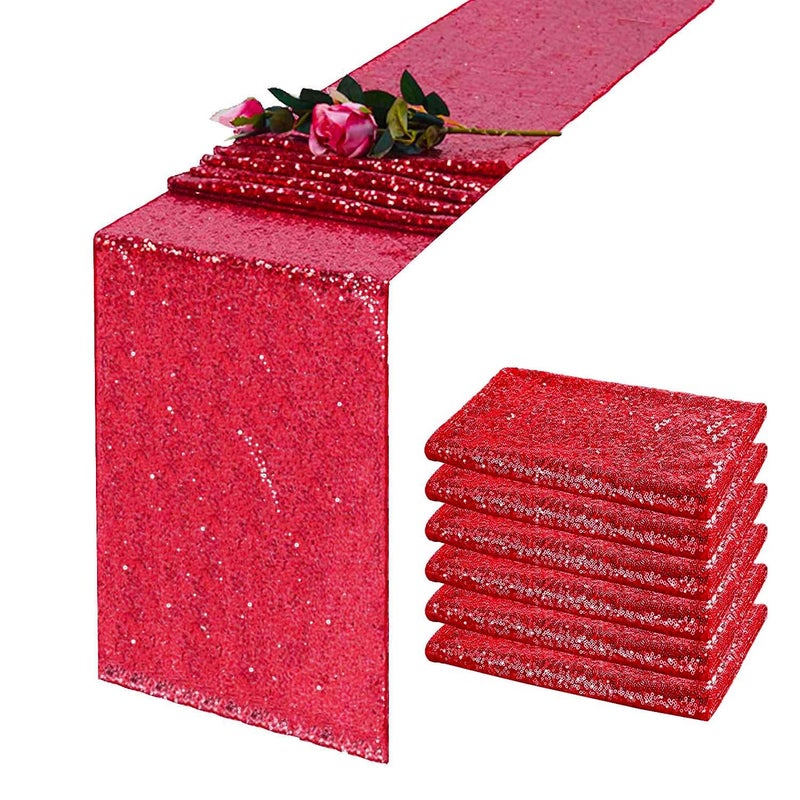 TCBESTO Red Sequin Table Runner 12"" x 108"" Pack of 6 Red Metallic Sequins Table Runner Glitter Red Party Decorations Baby Shower Wedding Christmas Birthday Party Supplies Fabric - Image 2