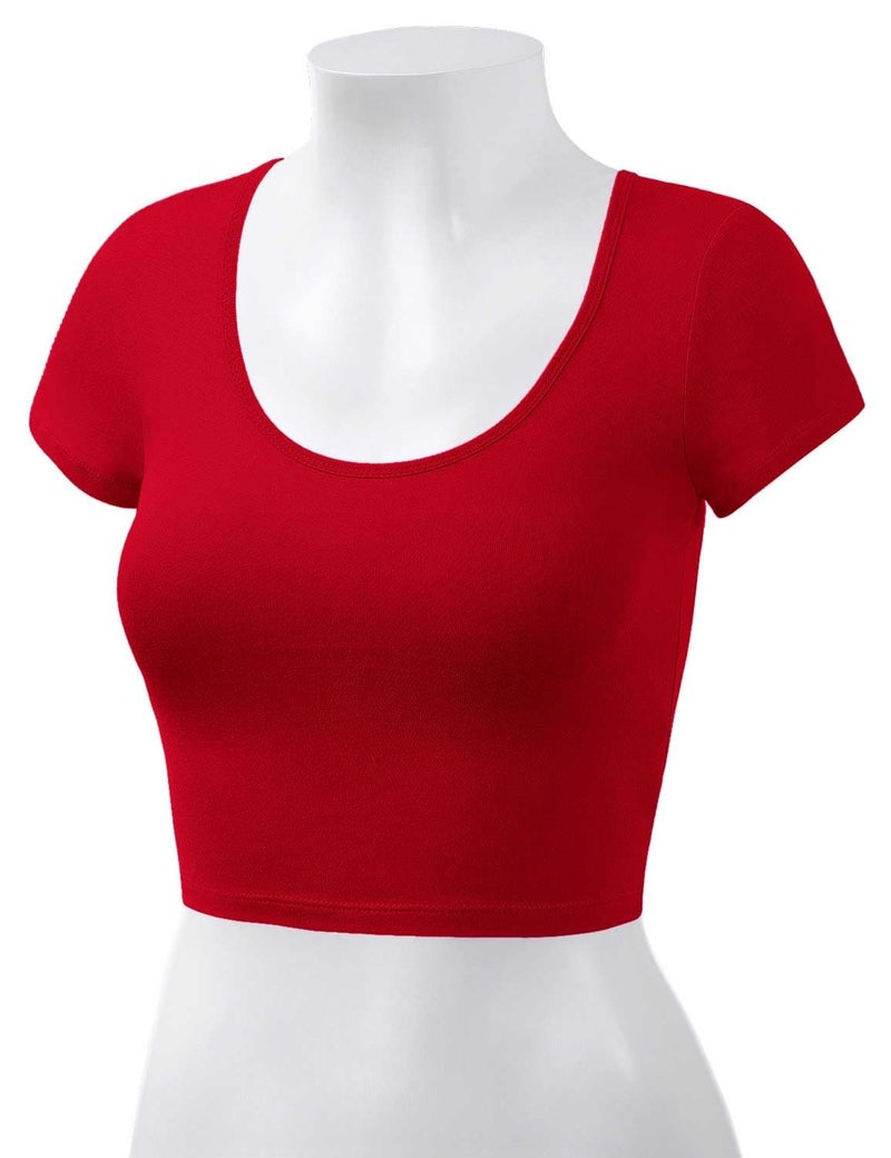 HATOPANTS Women's Cotton Crop Tops Short Sleeve Scoop Neck Stretchy Casual Shirt RED S - Image 4