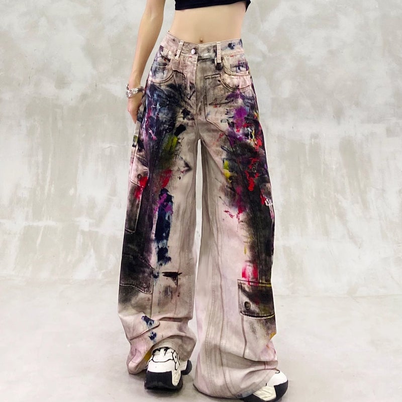 American Retro Heavy-Duty Distressed Graffiti Print Dopamine Jeans For Men And Women, Wasteland Style Long Pants - Image 1