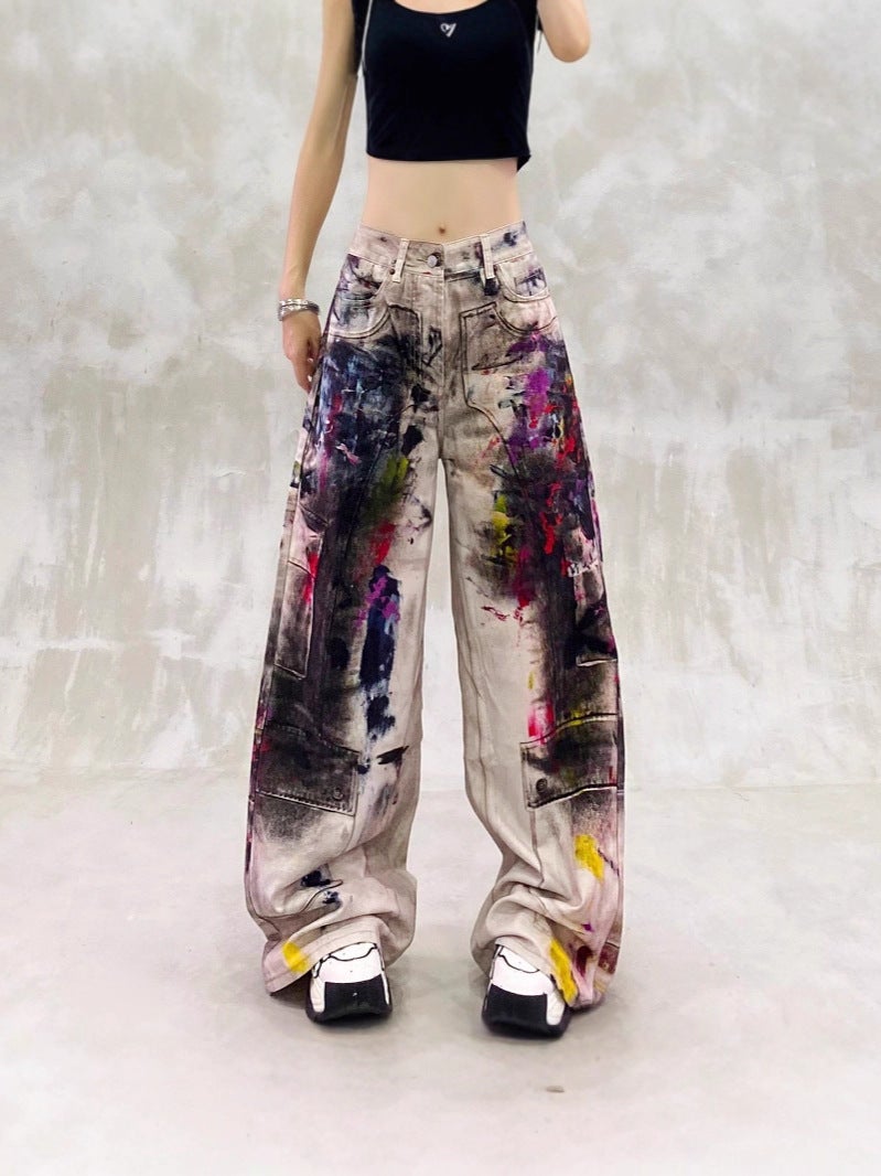 American Retro Heavy-Duty Distressed Graffiti Print Dopamine Jeans For Men And Women, Wasteland Style Long Pants - Image 3