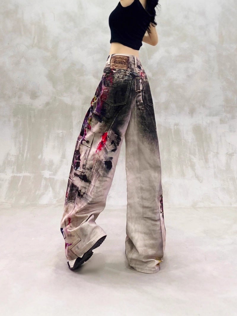 American Retro Heavy-Duty Distressed Graffiti Print Dopamine Jeans For Men And Women, Wasteland Style Long Pants - Image 5