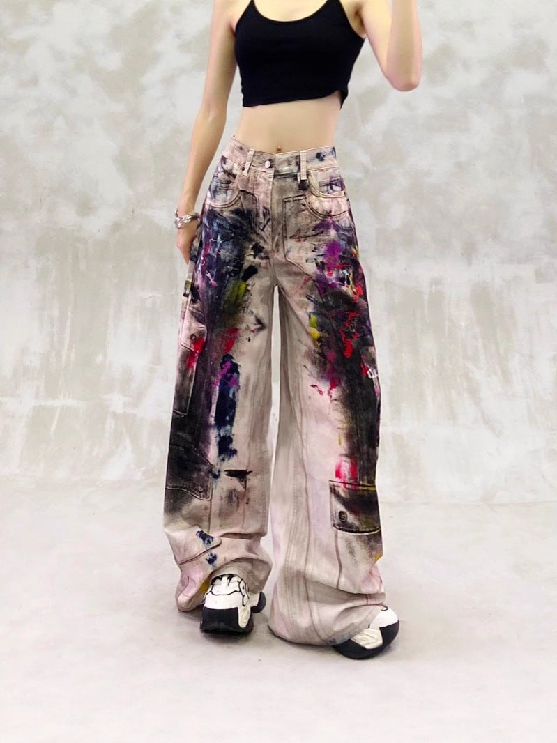 American Retro Heavy-Duty Distressed Graffiti Print Dopamine Jeans For Men And Women, Wasteland Style Long Pants - Image 2