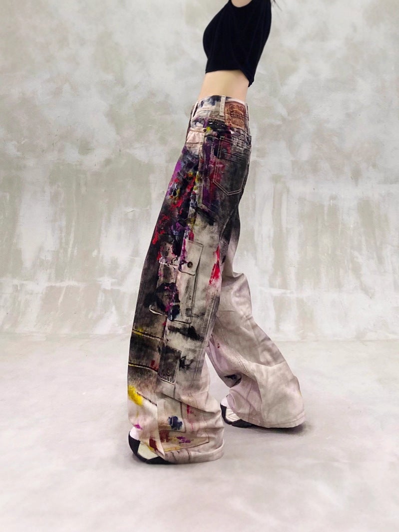 American Retro Heavy-Duty Distressed Graffiti Print Dopamine Jeans For Men And Women, Wasteland Style Long Pants - Image 4