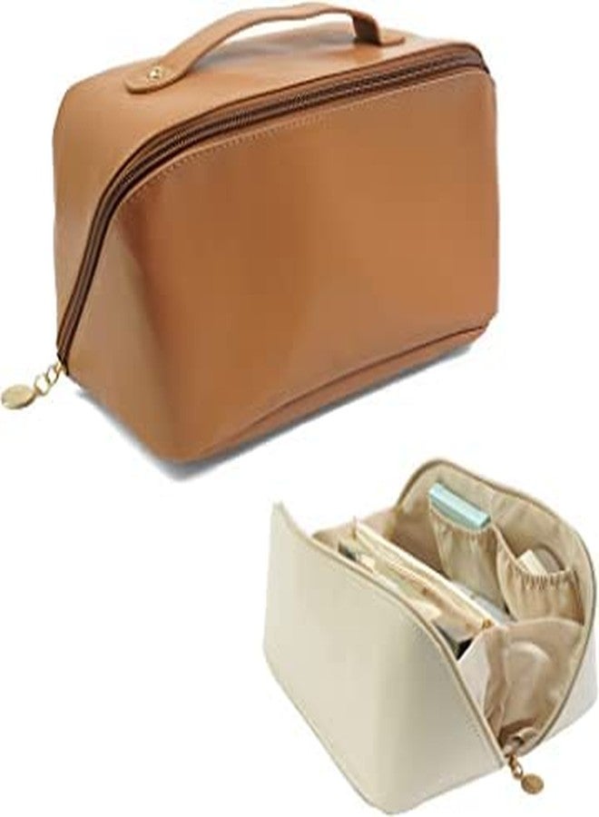 Flywind Portable Travel Cosmetic Bag/Waterproof Leather Multifunctional Storage Makeup Bag/Cosmetic Pouch Bag with Handle/Toiletry Kits for Girls, Women (Brown) - Image 1