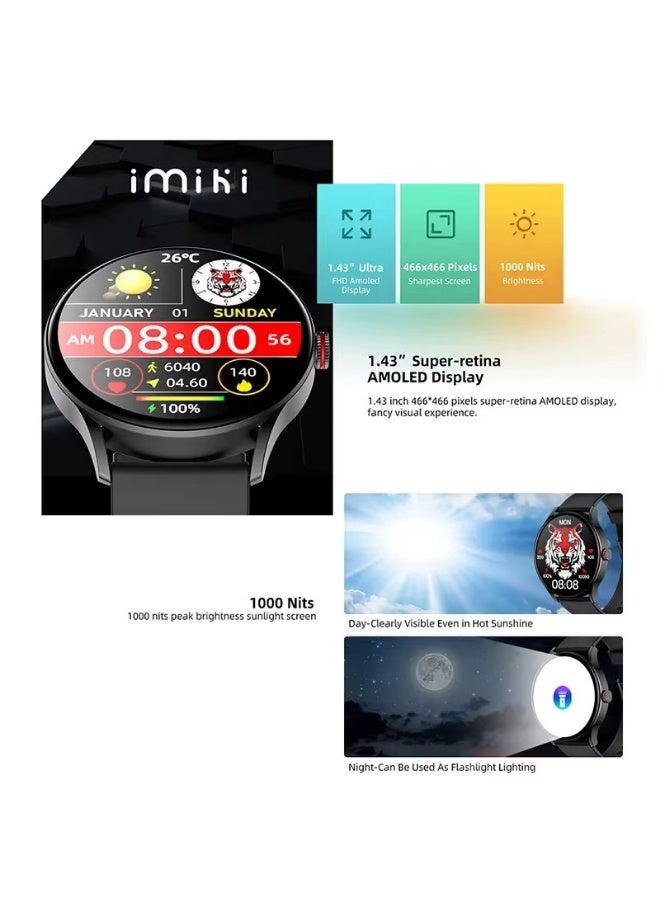 Imiki TG1 Smartwatch  – 1.43" AMOLED Display with 1000 Nits Brightness, Bluetooth Calling, 15-Day Battery Life, Fitness Tracker – Black + Black Strap  - Image 2