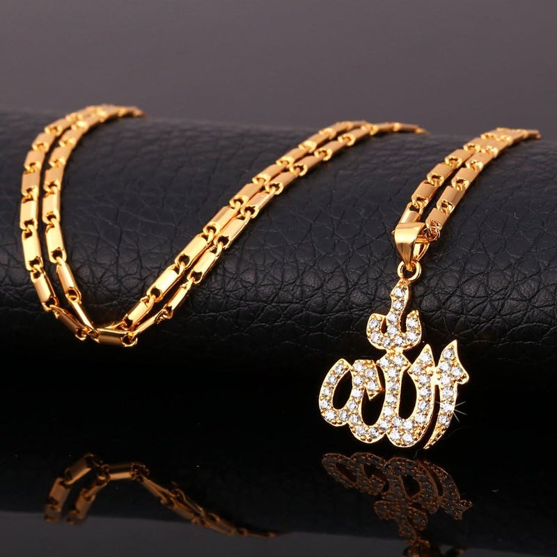 U7 Cubic Zirconia Allah Pendant Necklace Women 18K Gold Plated Mulsim Jewelry - Image 3