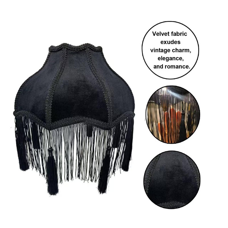 MOLLHAITY Victorian lampshade, Lampshade with tassels, diameter 30cm velvet top replacement lamp ï¼ŒBell Shape Scallop Lampshades,Floor and Bedside Lamps for Table (Black) - Image 3