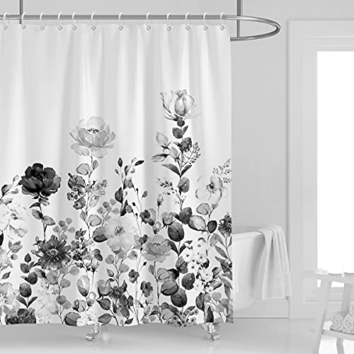 Kikiry Kikiry Black Grey Shower Curtain 60W x 72L Floral Gray White Watercolor Wild Flowers Vintage Plant Herbs Botanical Nature Bathroom Curtains Polyester Fabric Waterproof 12 Pack Plastic Hooks 