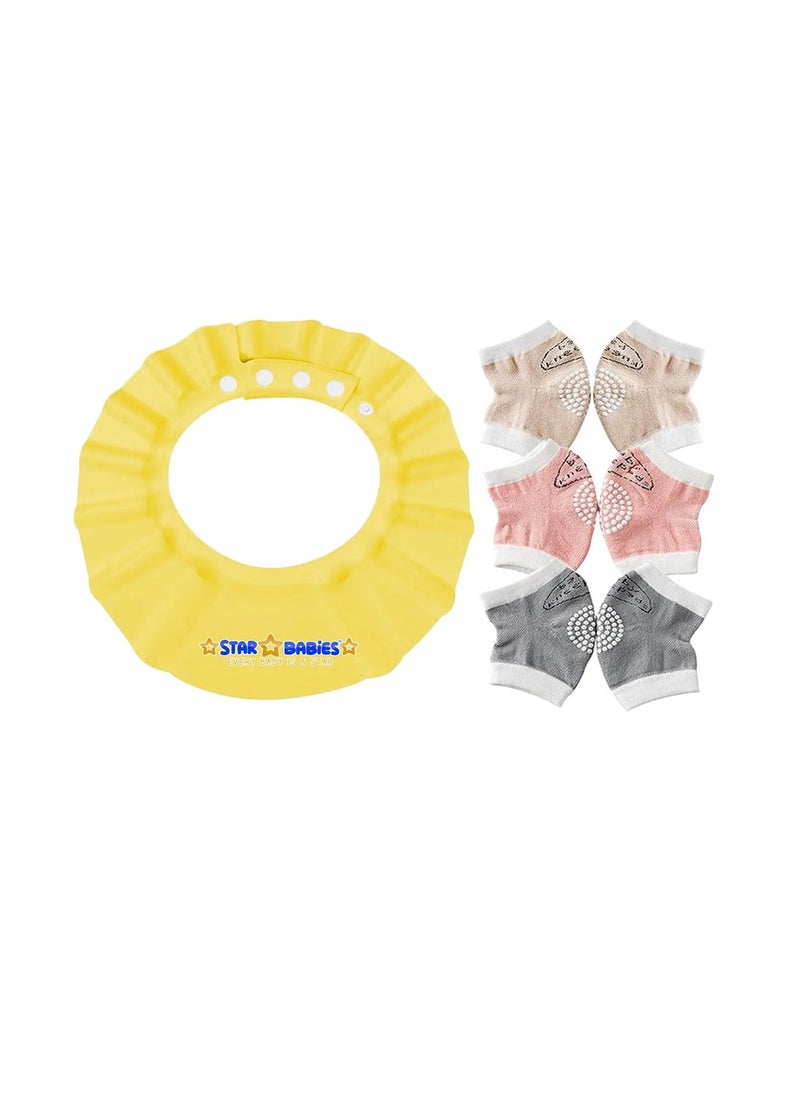 STAR BABiES Star Babies - Combo Pack of 2- Adjustable Shower Cap with Baby Girl's Kneepad (3 Pair)- Pink  - Image 1