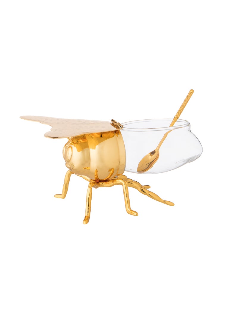 Dania Glass Sugar Bowl With Silver Metal Bee Decor Holder + Metal Spoon  - Image 1