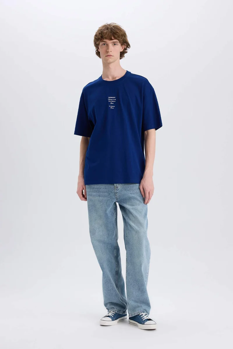 Defacto Cotton Boxy Fit Crew Neck Back Printed T-Shirt