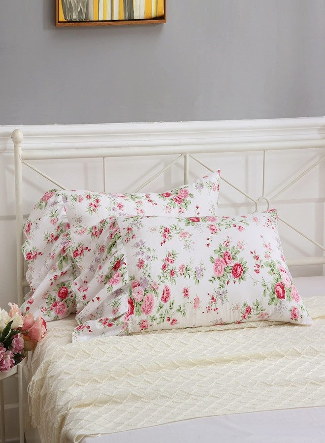Meaning4 Rose Floral Pillowcases with Long Ruffles Vintage Cotton Pillow Shams French Country Pillow Covers Queen Size 20"X30" Farmhouse French Country 2-Pack - Image 4