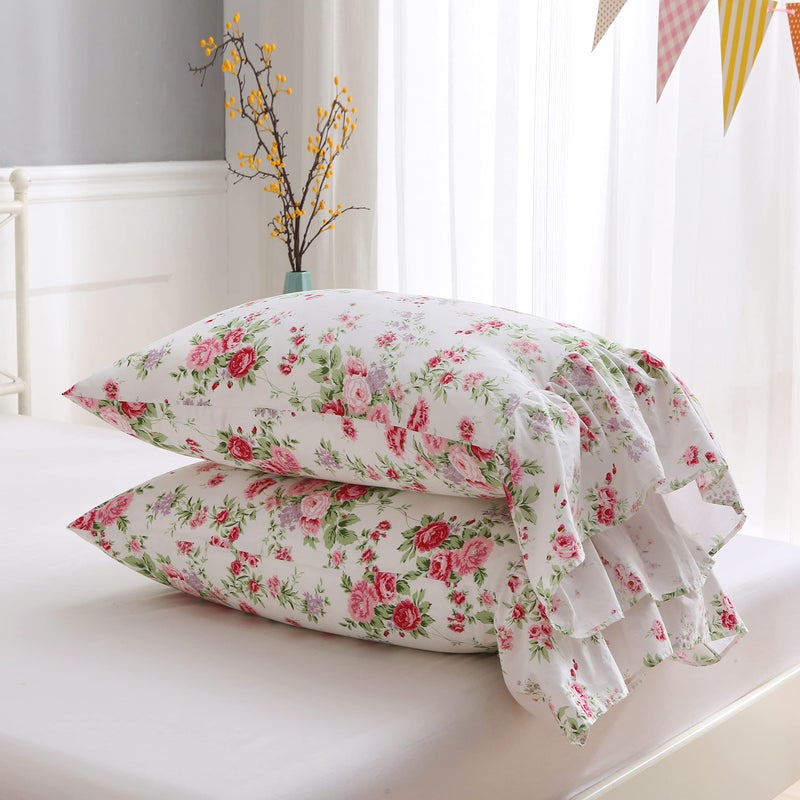 Meaning4 Rose Floral Pillowcases with Long Ruffles Vintage Cotton Pillow Shams French Country Pillow Covers Queen Size 20"X30" Farmhouse French Country 2-Pack - Image 1