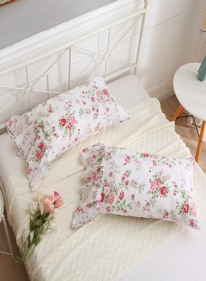 Meaning4 Rose Floral Pillowcases with Long Ruffles Vintage Cotton Pillow Shams French Country Pillow Covers Queen Size 20"X30" Farmhouse French Country 2-Pack - Image 5