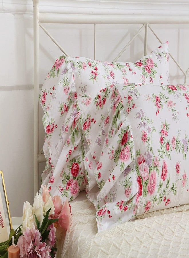 Meaning4 Rose Floral Pillowcases with Long Ruffles Vintage Cotton Pillow Shams French Country Pillow Covers Queen Size 20"X30" Farmhouse French Country 2-Pack - Image 2