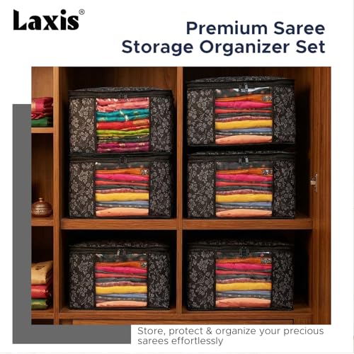 LAXIS® Saree Covers With Zip Non-Woven Printed Saree Cover/Saree Organizer For Wardrobe/Cloth Storage With Transparent Window/Saree Bags Storage/Clothes Organizer (Black- Pack of 6) - Image 4