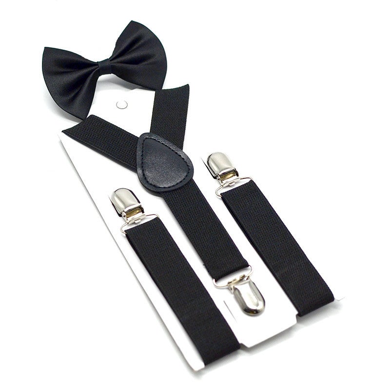 Kids Unisex Solid Y-Back Suspenders Bowtie Set Black 