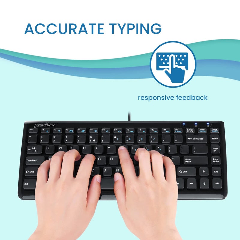 Perixx PERIBOARD-407B US, Wired USB Mini Keyboard with 11 Hot Keys - Glossy Black - US English Layout - Image 3