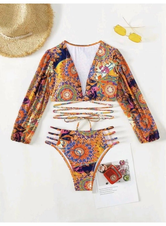 Summer New Printed European And American Split Swimsuit Holiday Bikini Advanced Deep V Hollow Strap For Women