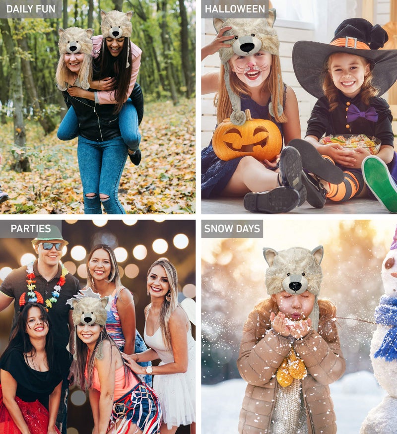 Puzzled DolliBu Gray Wolf Plush Hat - Wolf Stuffed Animal Winter Hat, Cute Wolf Hat with Cozy Fleece, Warm Fluffy Beanie, Adults, Teens, and Kids Winter Hat With Ear Flaps for Halloween or Cosplay - One Size - Image 3