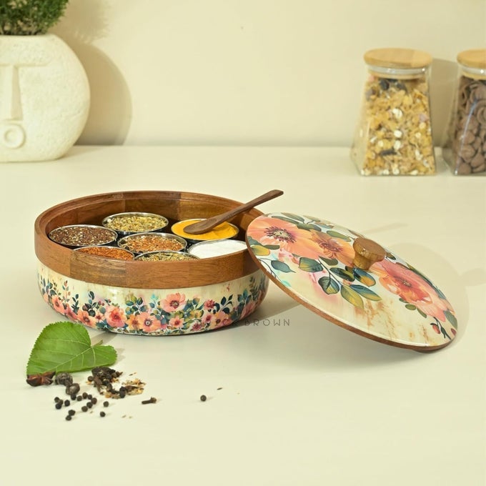 WOODEN PASTEL FLORA ENAMEL COATED MASALA BOX FOR KITCHEN | SPICE BOX | SPICE JARS | SPICE RACK & MASALA DANI ORGANIZER STORAGE BOX WITH 7 CONTAINERS AND 1 WOODEN SPOON (8.3X4.2 INCH)