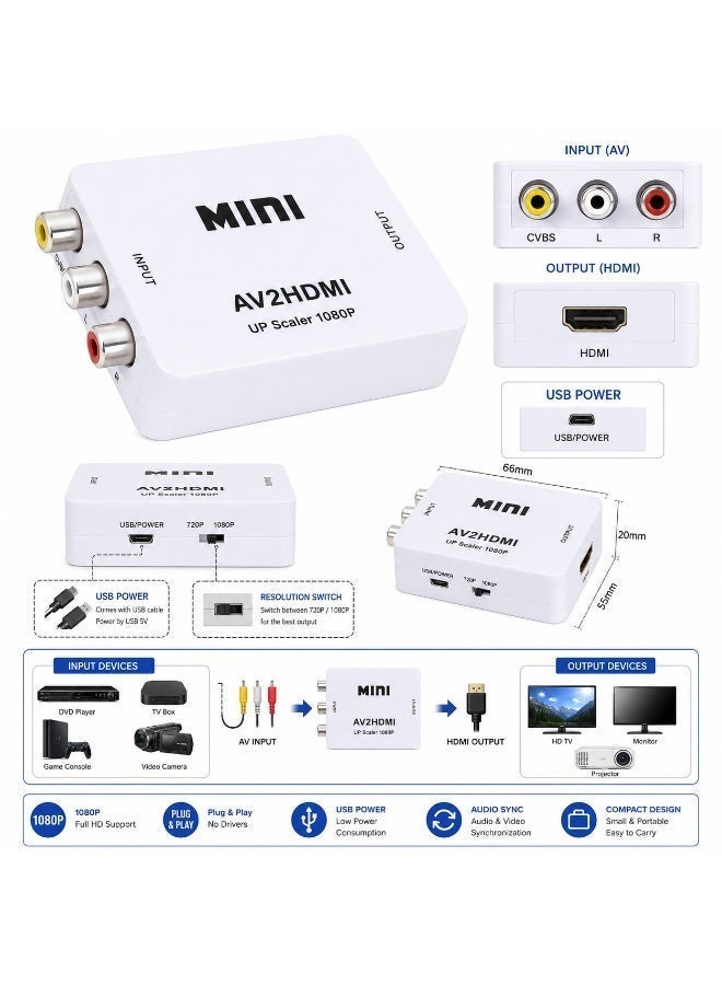 محول AV إلى HDMI بدقة 1080P (من RCA/CVBS المركب إلى HDMI) مع كابل طاقة USB | جهاز رفع دقة الفيديو والصوت AV2HDMI لأجهزة التلفزيون، والشاشات، وأجهزة العرض (البروجيكتور)، ومشغلات DVD وVHS، وأجهزة PS2 وPS3 - Image 1