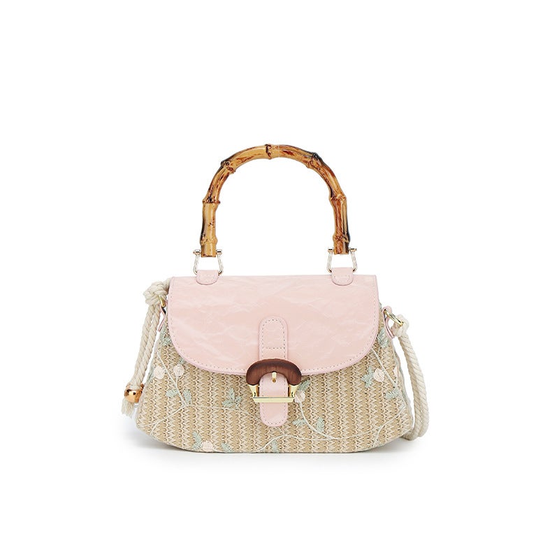 Light Retro New Chinese Style Women'S Bag Straw Woven Bag Single Shoulder Crossbody Bag Embroidered Woven Bag Advanced Niche Bamboo Handbag - Image 1