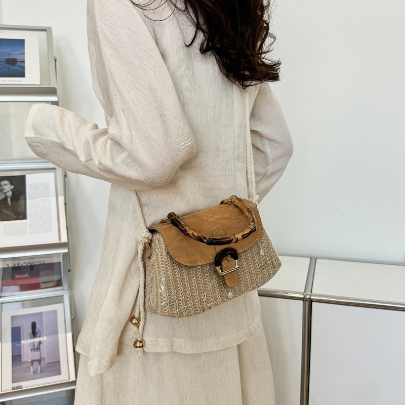 Light Retro New Chinese Style Women'S Bag Straw Woven Bag Single Shoulder Crossbody Bag Embroidered Woven Bag Advanced Niche Bamboo Handbag - Image 4
