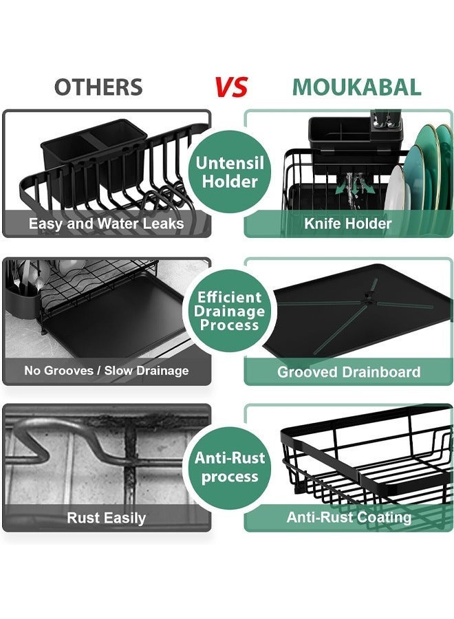 Reelyo Stainless Steel Dish Drying Rack for Kitchen Counter with Horizontal Automatic Drainage System, Rust Proof Extendable Drain Spout, Large Capacity Storage with Utensil Holder, Knife Slots, Chopstick Organizer, Bowl Rack, Silverware Caddy, Multifunctional Sink Organization Essentials for Home Kitchen and Apartment (Black) - Image 4