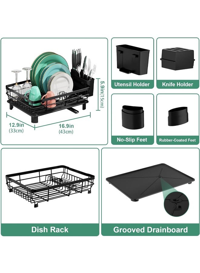 Reelyo Stainless Steel Dish Drying Rack for Kitchen Counter with Horizontal Automatic Drainage System, Rust Proof Extendable Drain Spout, Large Capacity Storage with Utensil Holder, Knife Slots, Chopstick Organizer, Bowl Rack, Silverware Caddy, Multifunctional Sink Organization Essentials for Home Kitchen and Apartment (Black) - Image 3