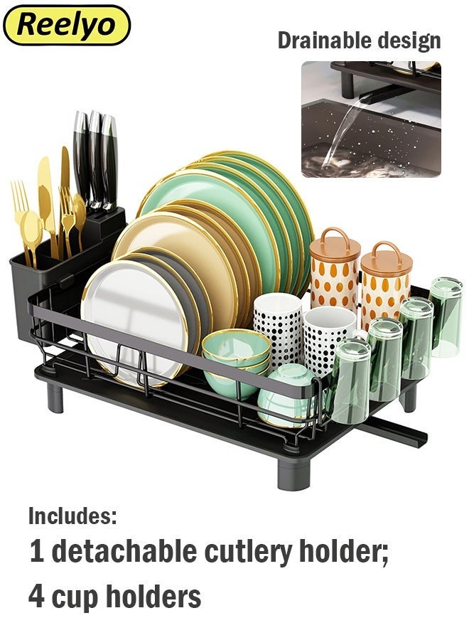 Reelyo Stainless Steel Dish Drying Rack for Kitchen Counter with Horizontal Automatic Drainage System, Rust Proof Extendable Drain Spout, Large Capacity Storage with Utensil Holder, Knife Slots, Chopstick Organizer, Bowl Rack, Silverware Caddy, Multifunctional Sink Organization Essentials for Home Kitchen and Apartment (Black) - Image 1