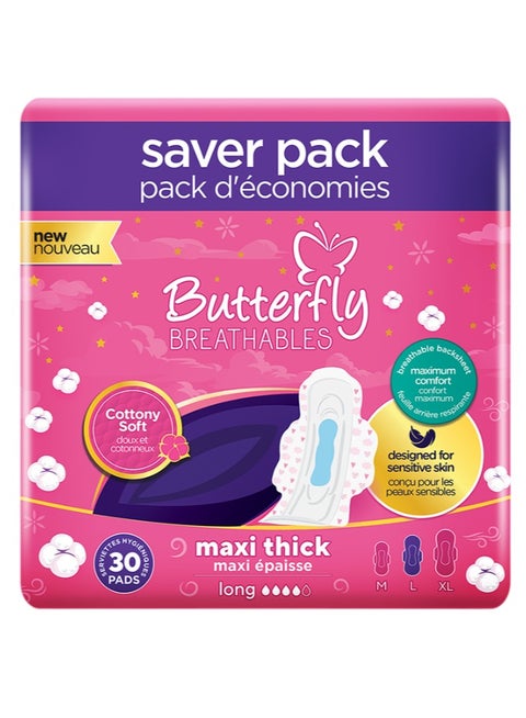 Butterfly Breathables Maxi Thick Cottony Sanitary Pads Long Trio - Count 30
