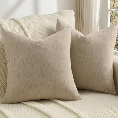 FUTEI Pack of 2 Solid Chenille Throw Pillow Covers 18x18 Inch Soft Meteor Dotting Textured Decorative Cushion Cases Modern Farmhouse Accent for Couch Living Room Khaki - Image 1
