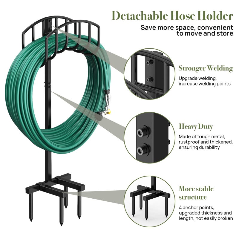 Winpull Garden Hose Holder Detachable Heavy Duty Metal Water Hose Hanger, Freestanding Hose Storage Stand Rack for Outside (Black) - Image 2