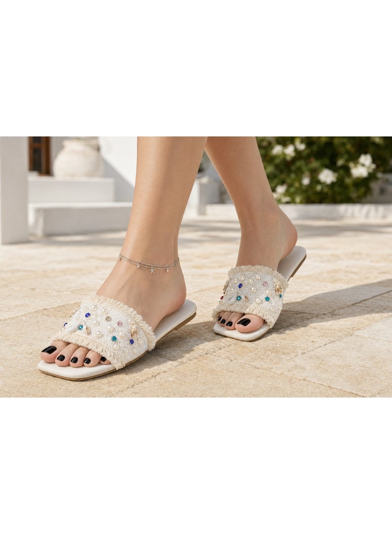 Women’s Flat Slippers, Slip-On Slides, Slide Sandals, Flat Sandals and Casual Summer Shoes with Open Back, Open Square Toe, Flat Sole and Wide Beaded Strap, Pearl Beads, Multicolour Rhinestone Crystal Gem Embellishments, Seashells, Shells and Fringe for Beach, Resort, Vacation, Travel and Everyday Outings – Off White and Multicolour – Code 5016 - Image 3