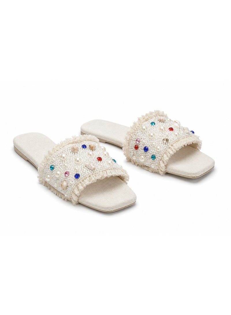 Women’s Flat Slippers, Slip-On Slides, Slide Sandals, Flat Sandals and Casual Summer Shoes with Open Back, Open Square Toe, Flat Sole and Wide Beaded Strap, Pearl Beads, Multicolour Rhinestone Crystal Gem Embellishments, Seashells, Shells and Fringe for Beach, Resort, Vacation, Travel and Everyday Outings – Off White and Multicolour – Code 5016 - Image 1