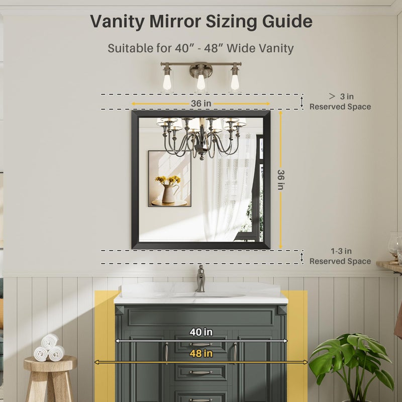Briivue 36x36 Inch Black Bathroom Mirror for Wall, Thick Metal Framed Rectangle Mirrors for Over Sink, Bedroom, Living Room, Entryway, Anti-Rust, HD Tempered Glass - Image 2