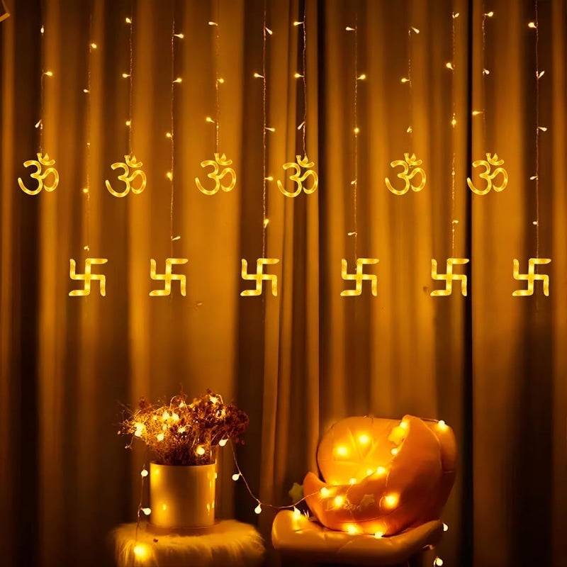 Desidiya Plastic Warm White Swastik Curtain Light, String Lights with Pack of 12 Hanging Swastik and Om 8 Flashing Modes for Diwali Decoration, 5 Centimeters, LED - Image 2