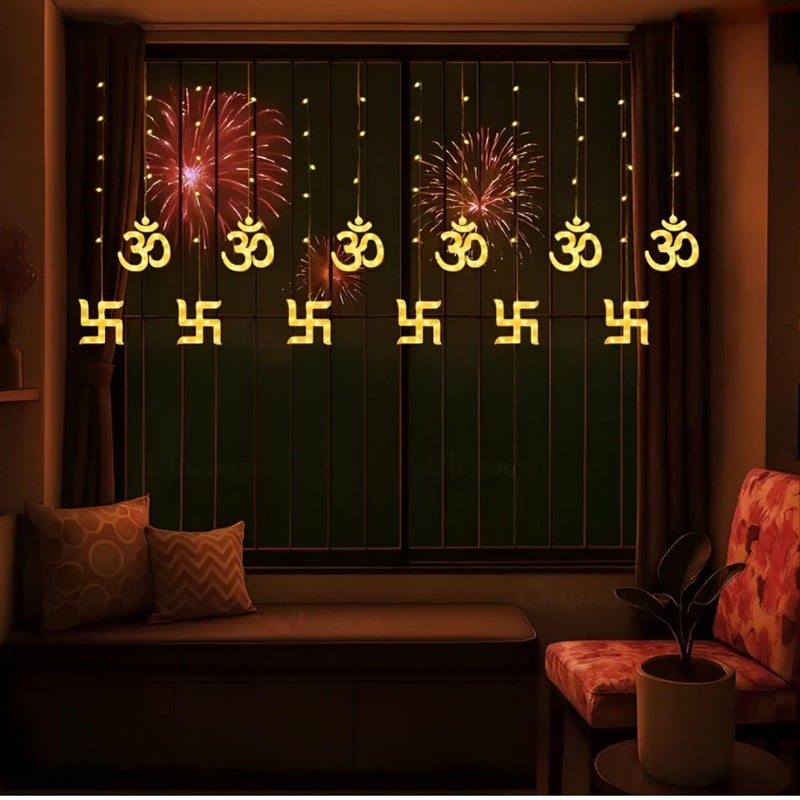 Desidiya Plastic Warm White Swastik Curtain Light, String Lights with Pack of 12 Hanging Swastik and Om 8 Flashing Modes for Diwali Decoration, 5 Centimeters, LED - Image 4