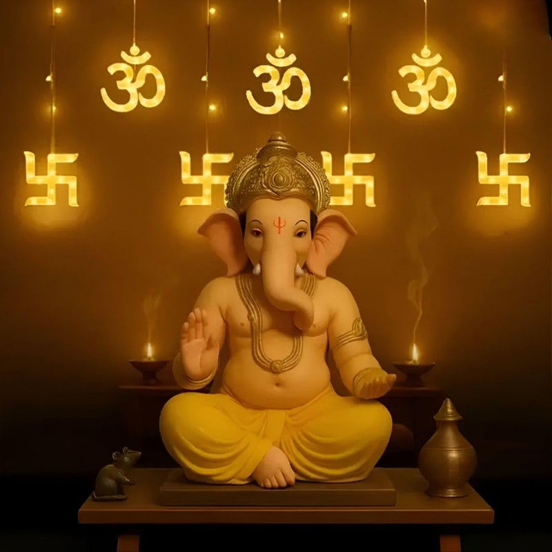 Desidiya Plastic Warm White Swastik Curtain Light, String Lights with Pack of 12 Hanging Swastik and Om 8 Flashing Modes for Diwali Decoration, 5 Centimeters, LED - Image 3