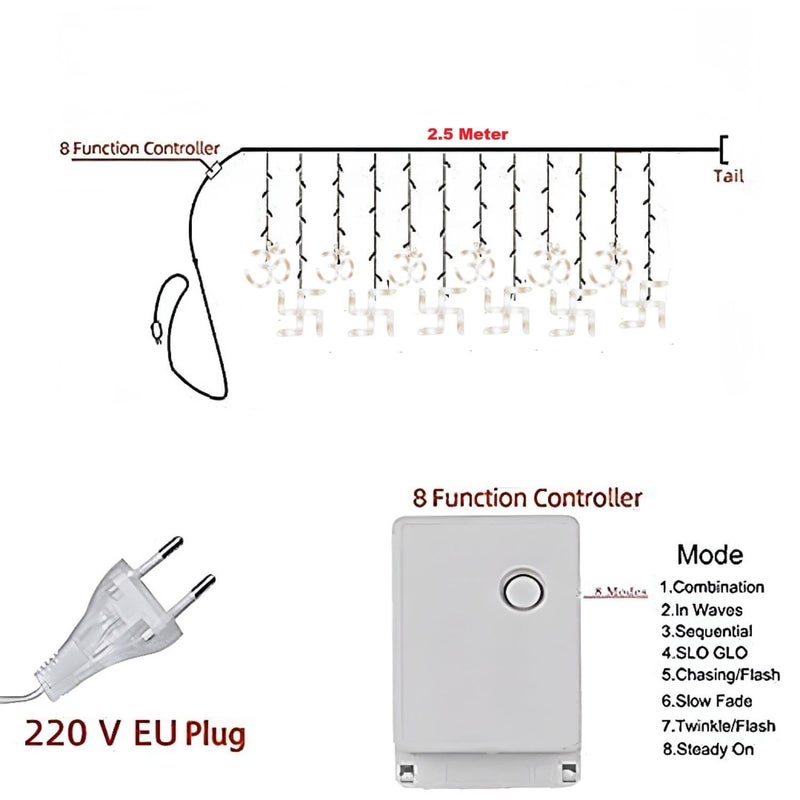 Desidiya Plastic Warm White Swastik Curtain Light, String Lights with Pack of 12 Hanging Swastik and Om 8 Flashing Modes for Diwali Decoration, 5 Centimeters, LED - Image 5