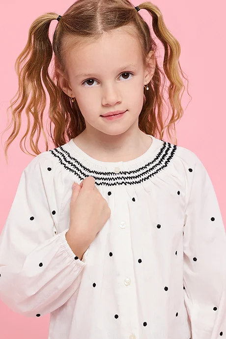 أر أند بي Embroidered Top with Round Neck and Puff Sleeves