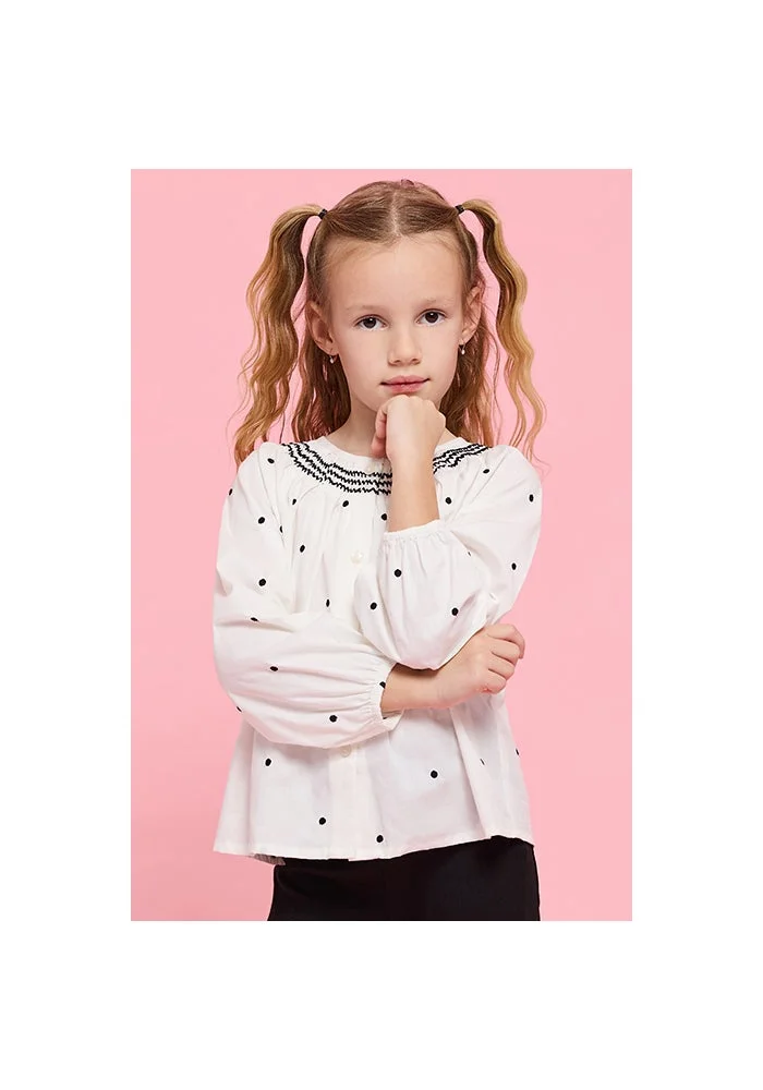 أر أند بي Embroidered Top with Round Neck and Puff Sleeves