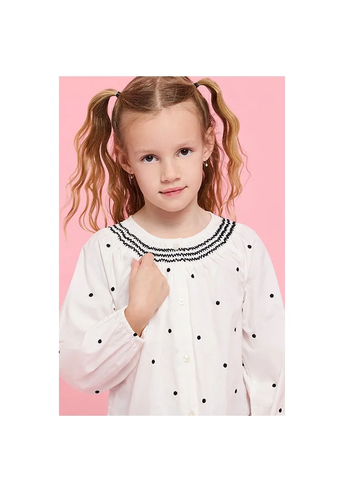 أر أند بي Embroidered Top with Round Neck and Puff Sleeves