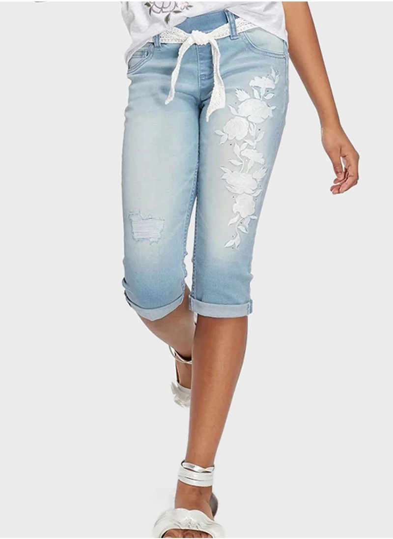 Justice Kids Floral Embroidered Denim Shorts
