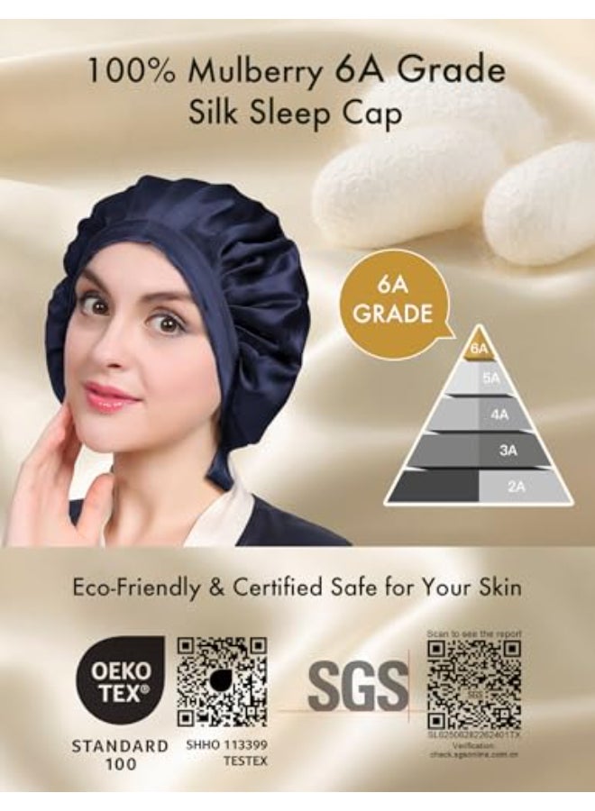 LILYSILK 100 Mulberry Silk Bonnet Silk Night Sleep Cap Adjustable Hair Wrap for Sleeping Deep Blue - Image 3