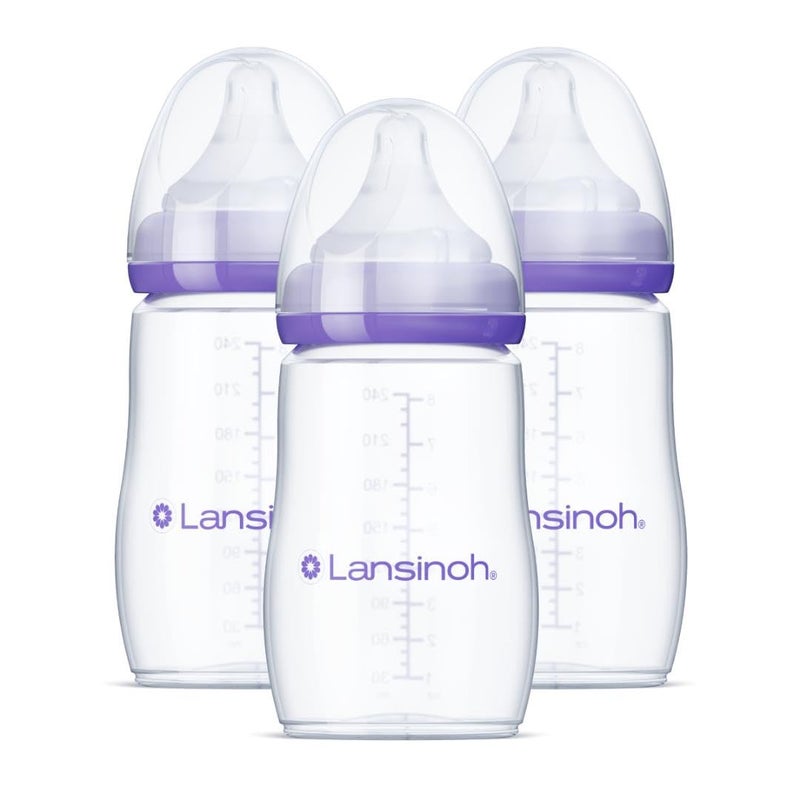Lansinoh Anti-Colic Baby Bottles for Breastfeeding Babies, 8 Ounces, 3 Count, Includes 3 Medium Flow Nipples, Size M - Image 1