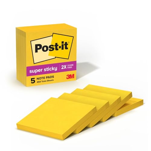 Post It ملاحظات بوست-إت سوبر لاصقة، 5 دفاتر ملاحظات لاصقة، 3 × 3 بوصة، مستلزمات مدرسية، منتجات مكتبية، ملاحظات لاصقة للأسطح العمودية، الشاشات، الجدران والنوافذ، أصفر مشمس - Image 1